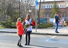 Волонтеры раздают гвоздики жителям Южно-Сахалинска во время акции "Цветы памяти"